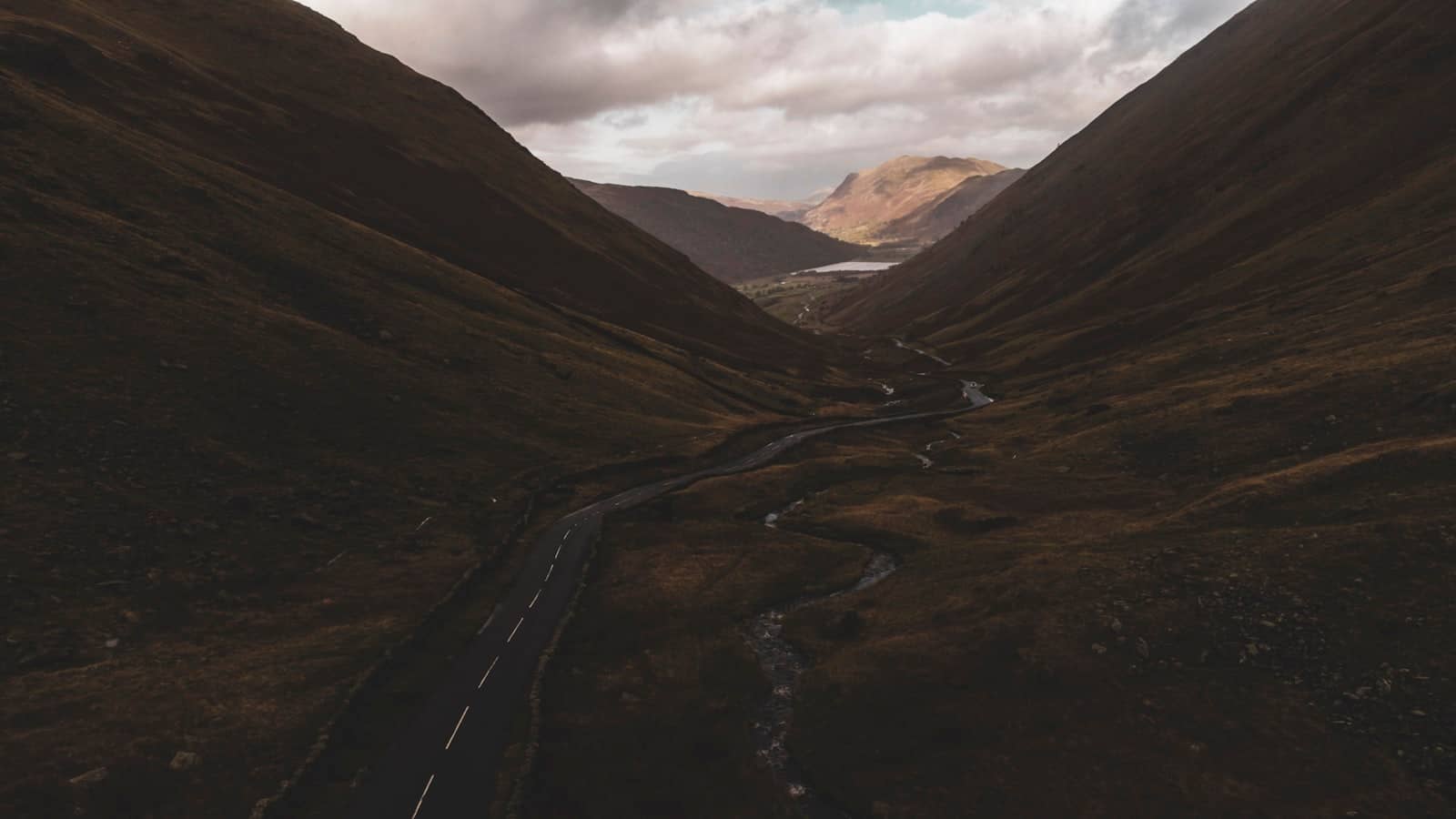 Aerial view of a mountain valley road