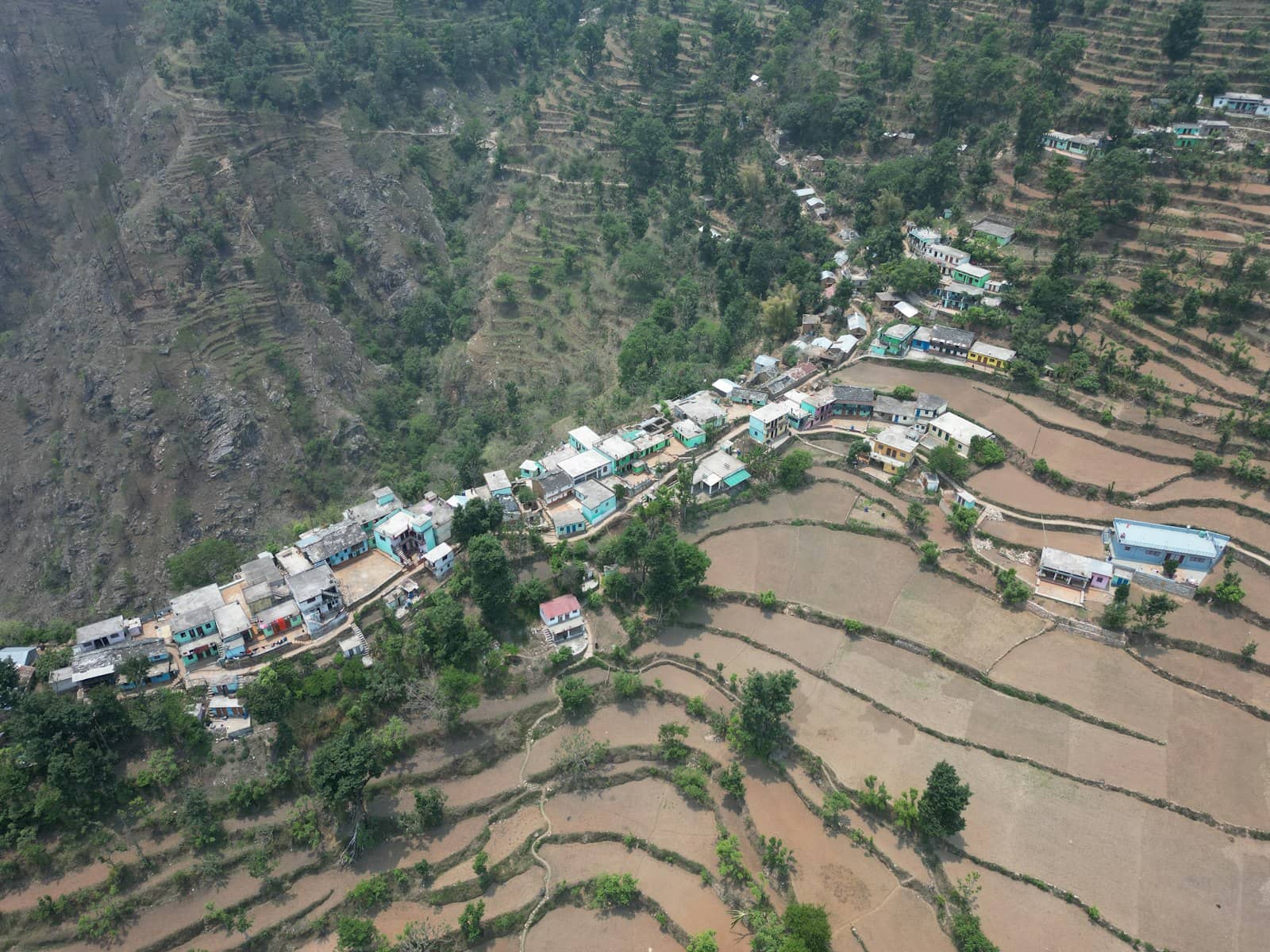Aerial view of green valley terraces